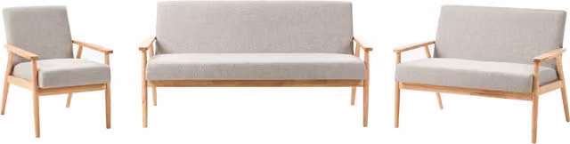 Conjunto de sala de estar Beliani estilo mid-century con sofá de 3 plazas, sofá de 2 plazas y sillón, tapizado en tela gris y marrón con estructura de madera maciza de caucho