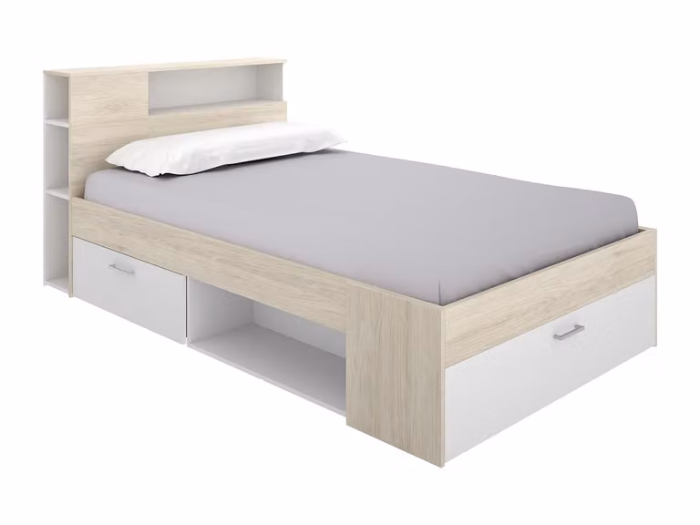 Cama moderna con cajones y estante de noche VENTE-UNIQUE en color blanco y beige, An/P/Al: 120 x 200 x 95 cm