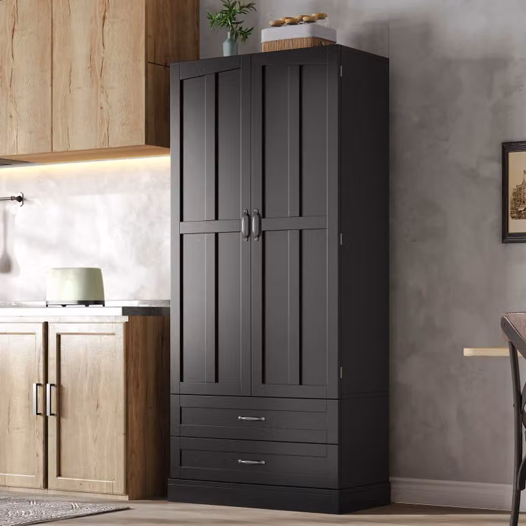 Armario alto MODFU negro para cocina o salón con 3 estantes extraíbles, 2 cajones y estantes internos, An: 180 cm, Al: 80 cm, P: 38 cm