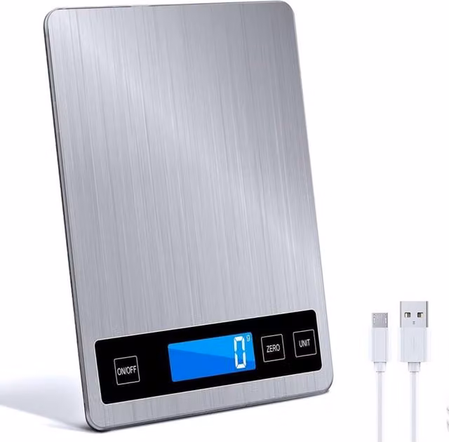 Balanza de cocina digital XISRENS con pantalla LCD, capacidad de 15 kg y precisión de 1 g, fabricada en acero inoxidable y vidrio templado, color plata y negro, con conversión de unidades y función tara, alimentación USB-C o pilas