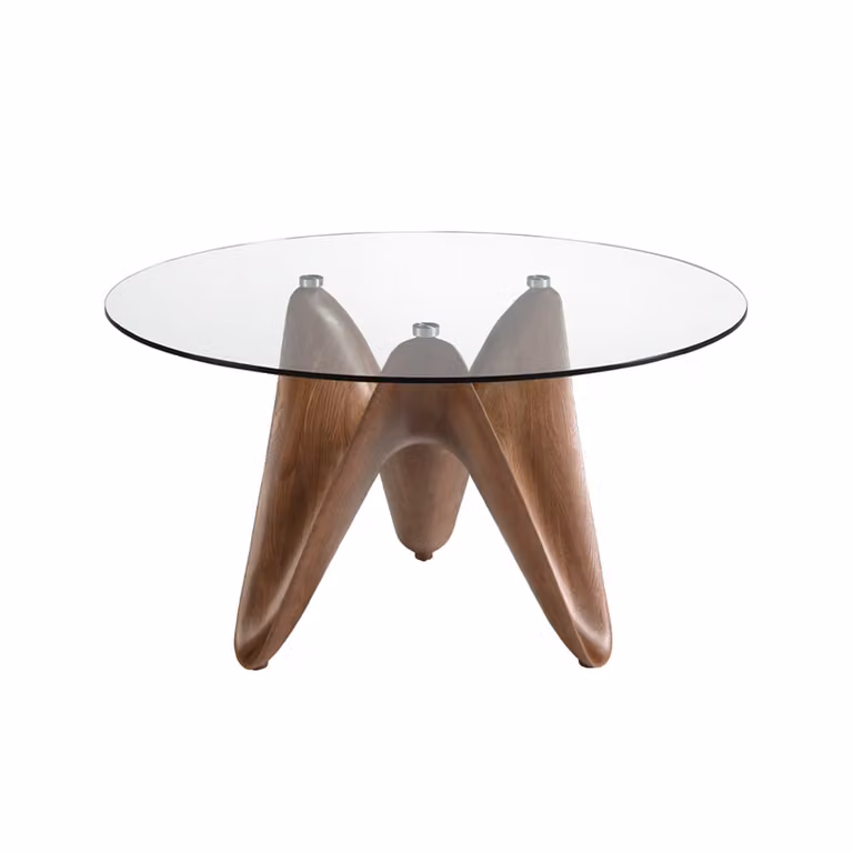 Mesa de comedor redonda Angel Cerdá en cristal y nogal marrón Diámetro: 150 cm, Altura: 75 cm
