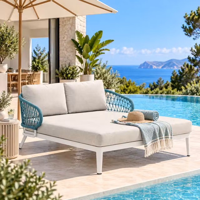Cama de exterior y jardín PORTMOBEL de aluminio blanco, textil beige y cuerda azul maritime con reposabrazos