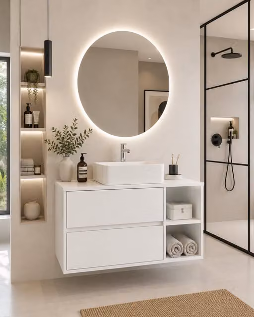 Mueble de baño Origenbath Zeus con encimera de madera, lavabo sobreencimera y un seno a la derecha, color blanco, sin espejo, An/P: 120 x 45 cm