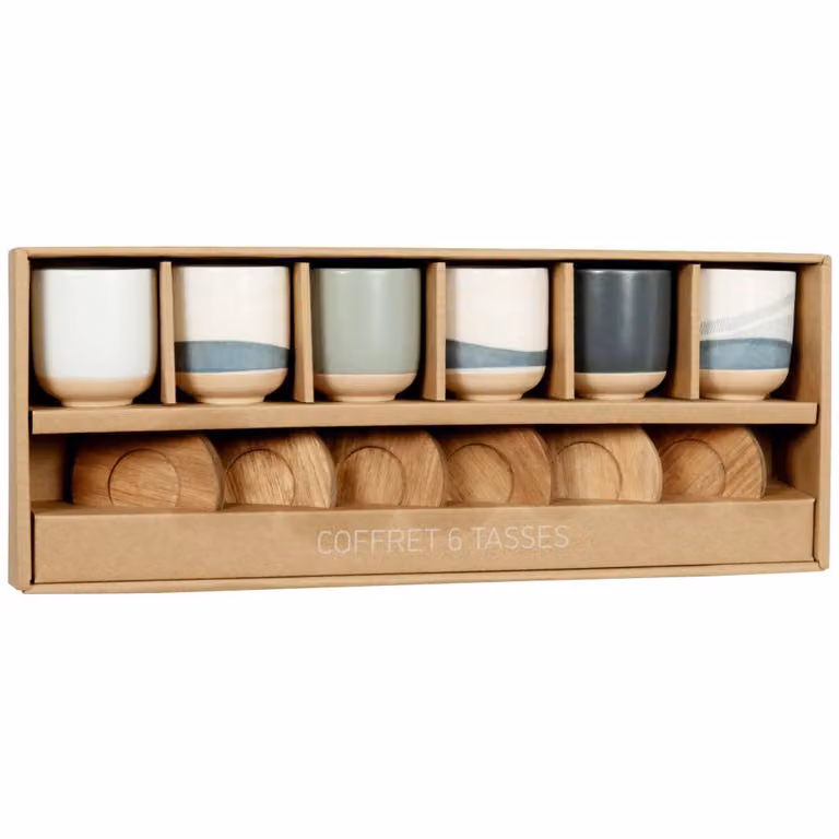 Juego de café de 6 tazas de cerámica azul y crema con platillos de madera Maisons du Monde