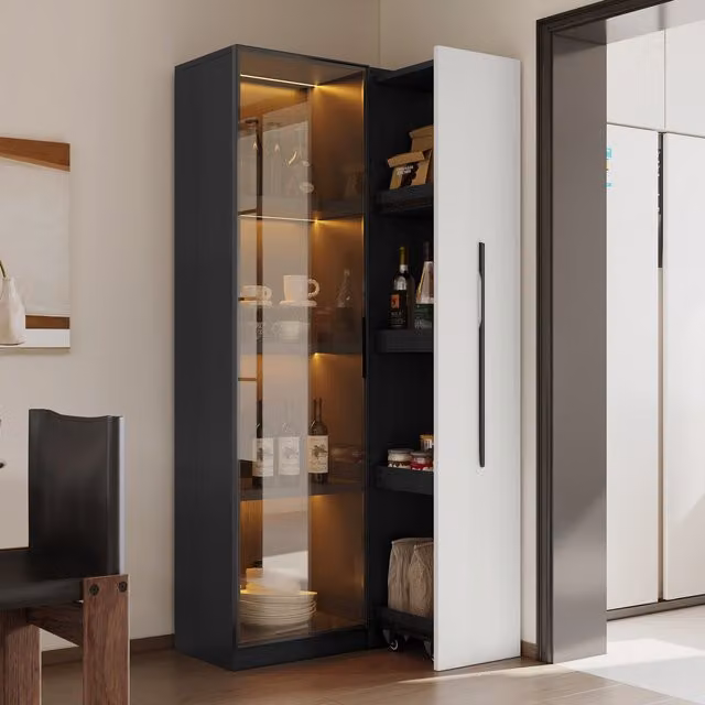Vitrina Moderna MODENVIE con Puerta de Cristal, Iluminación LED y Almacenaje Lateral, Blanco y Negro, An/P/Al: 70 x 40 x 160 cm