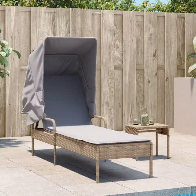Tumbona SYFAX de ratán sintético con capota, mesa y reposacabezas ajustable en color beige y gris