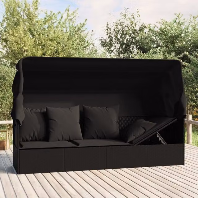 Sofá tumbona de jardín Maison Exclusive en ratán sintético negro con toldo y cojines resistentes a la intemperie An/P/Al: 203 x 58 x 127 cm