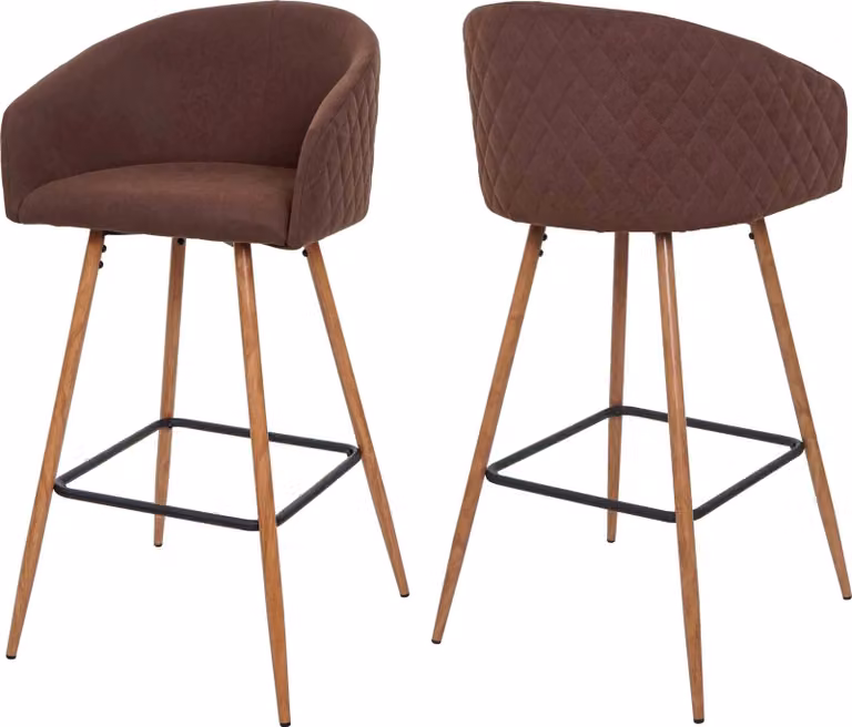 Juego de 2 taburetes de bar Mendler HWC-D72 con respaldo, diseño retro de metal y madera en color marrón y tapizado de tela