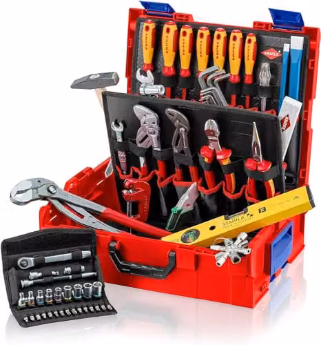 Estuche de herramientas sanitarias KNIPEX L-BOXX con 52 piezas, impermeable y apilable, color rojo