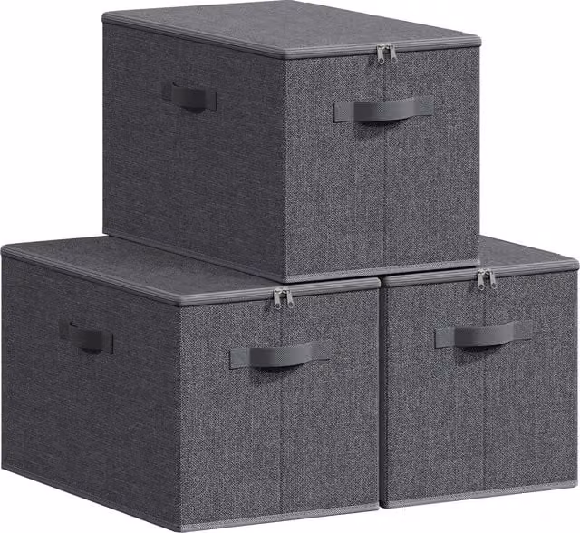 Juego de 3 cajas de almacenamiento plegables Songmics con tapa y asas, color gris, An/P/Al: 50 x 45 x 30 cm