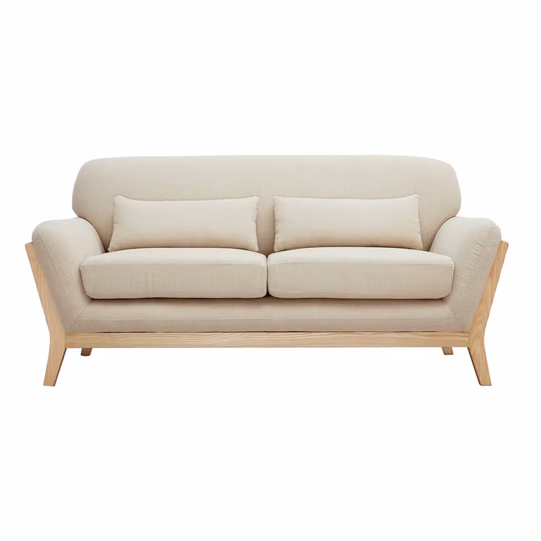 Sofá nórdico de 2 plazas Miliboo YOKO en color beige con estructura de madera maciza y cojines incluidos