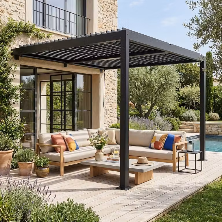 Pérgola bioclimática adosada Sweeek de aluminio con lamas orientables, Negro, An/P/Al: 302 x 302 x 233 cm