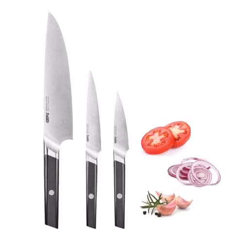 Juego de cuchillos Gefu Acuro de 3 piezas en acero inoxidable y color negro, incluye cuchillo de cocinero, cuchillo multiusos y cuchillo de verduras