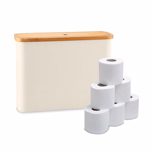 Contenedor para 12 rollos de papel higiénico Relaxdays de bambú y tela, color beige, An/P/Al: 34,5 x 45 x 15 cm