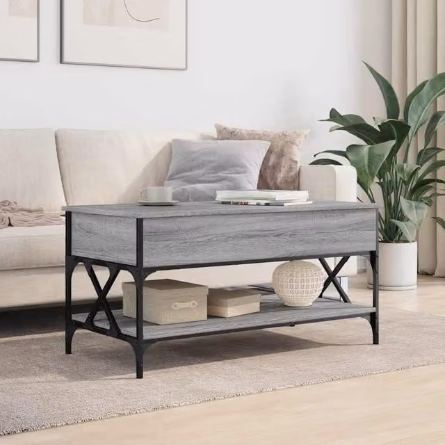 Mesa de centro rectangular SYFAX de madera y metal en color gris sonoma con mecanismo elevable, An/P/Al: 100 x 50 x 50 cm