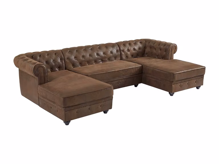 Sofá rinconera panorámico Chesterfield de microfibra con aspecto de cuero envejecido en color marrón con estructura de madera sólida y fundas extraíbles An/P/Al: 290 x 163 x 72 cm