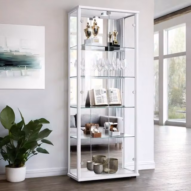 Vitrina de cristal K-möbel en color blanco con espejo, iluminación LED y cerradura, An/P/Al: 67 x 33 x 176 cm