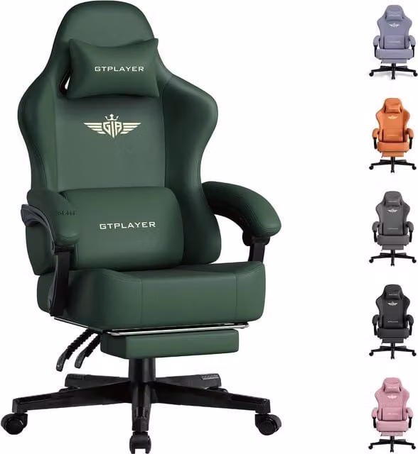 Silla de gaming ergonómica GTPLAYER en color verde con respaldo regulable hasta 160 grados, reposapiés extensible, reposacabezas y reposabrazos