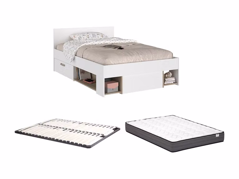 Cama KINSELIA con cajones, somier de láminas y colchón de muelles en blanco y negro, An/P/Al: 120 x 200 x 103,4 cm