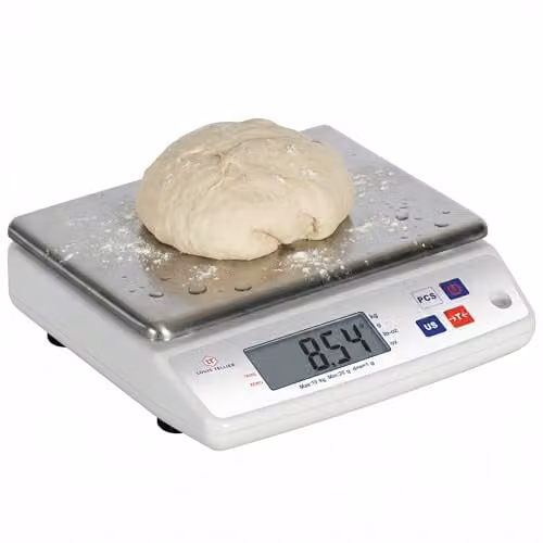 Báscula de cocina electrónica profesional Louis Tellier con bandeja de acero inoxidable, capacidad 10 kg y precisión 1 g, protección IP53, color blanco y gris