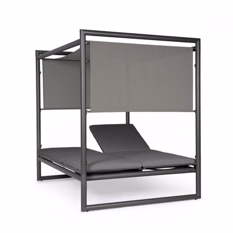 Daybed de aluminio antracita Konte.Design con tumbonas reclinables y dosel de sol en gris oscuro y textilene