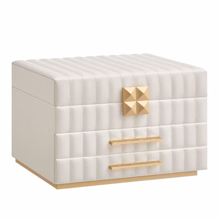 Joyero Songmics Home con cajones y espejo en color blanco y beige con compartimentos textiles