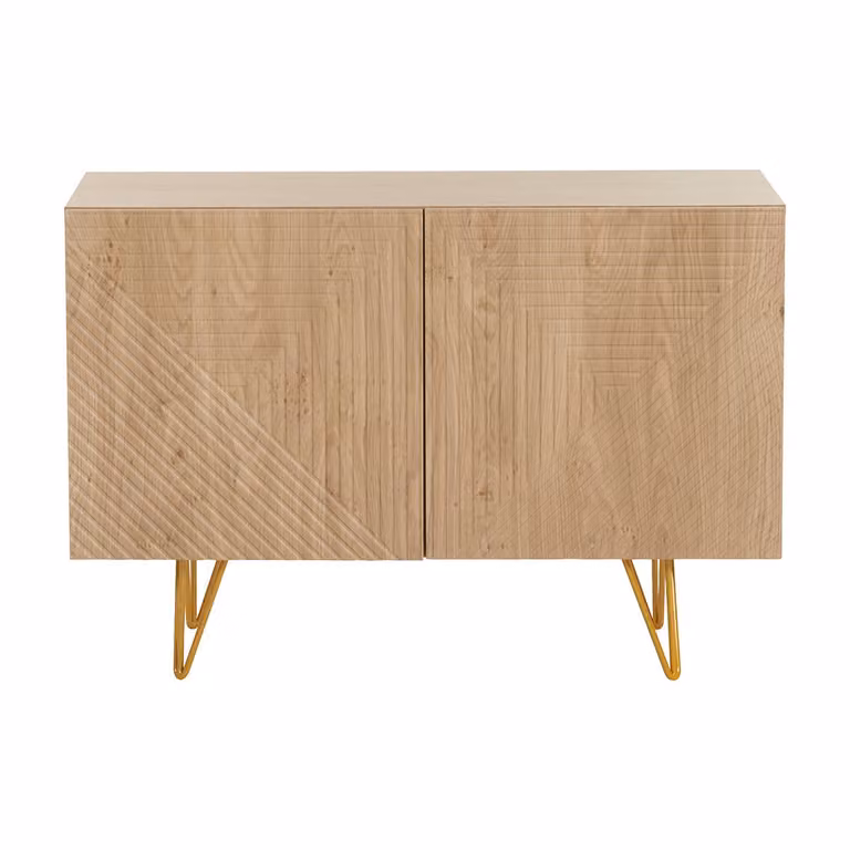 Aparador moderno OZEN de Miliboo con diseño geométrico en madera de roble y metal dorado, 2 puertas, Ancho: 107 cm
