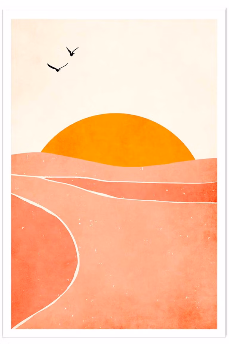 Póster gráfico abstracto Hexoa Bailando con el Sol en colores rosa y naranja, An/P: 30 x 45 cm