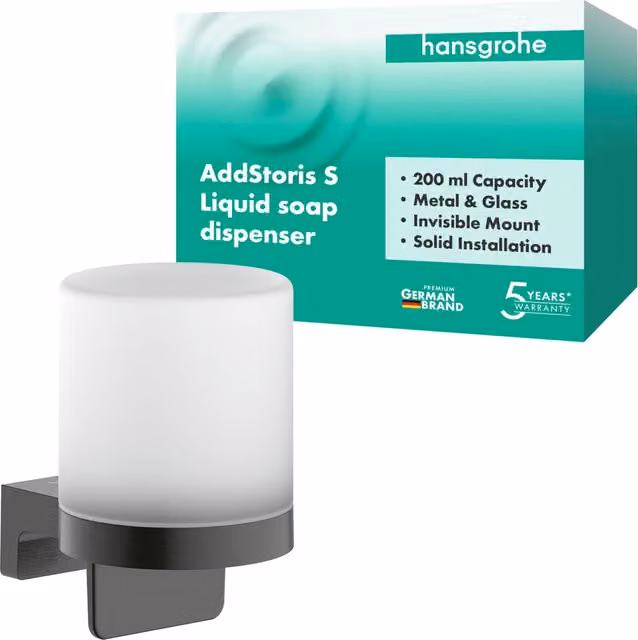 Dispensador de loción Hansgrohe Addstoris S de pared con bomba en metal y vidrio