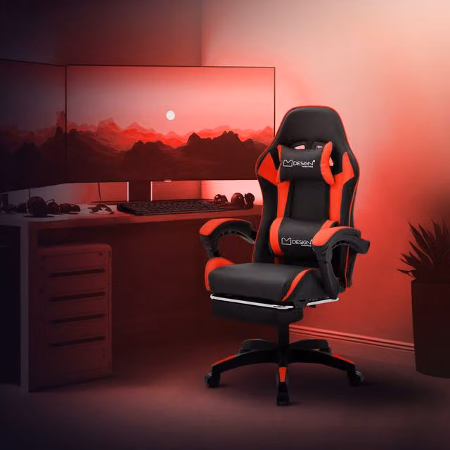 Silla gaming ergonómica ML DESIGN MODERN LIVING en rojo y negro con reposacabezas, reposapiés y reposabrazos para adultos