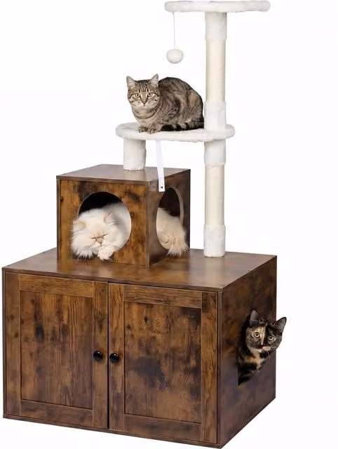 Árbol rascador para gatos Relaxdays con armario para arenero, juguetes integrados y cueva, color marrón, An/P/Al: 133 x 78 x 49 cm