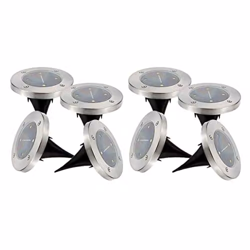 Pack de 8 focos solares LED Lumisky Decky para jardín y terraza, color plata, IP44, diseño redondo de metal con luz blanca fría