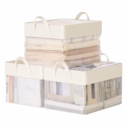 Juego de 3 cajas de almacenaje plegables SONGMICS de tela con red transparente y asas, color blanco, An/P/Al: 40 x 30 x 25 cm