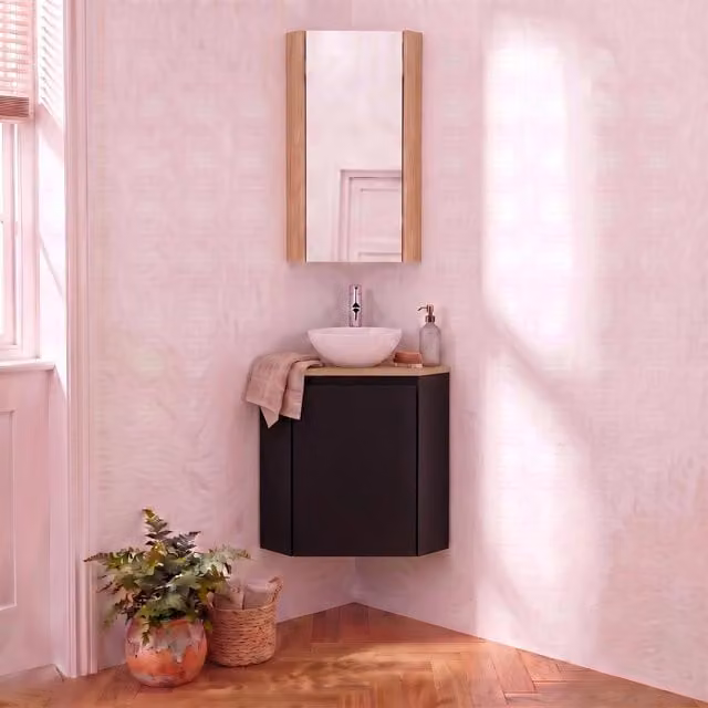Conjunto de mueble de baño de esquina Mob-In con lavabo de cerámica y armario suspendido en blanco o negro