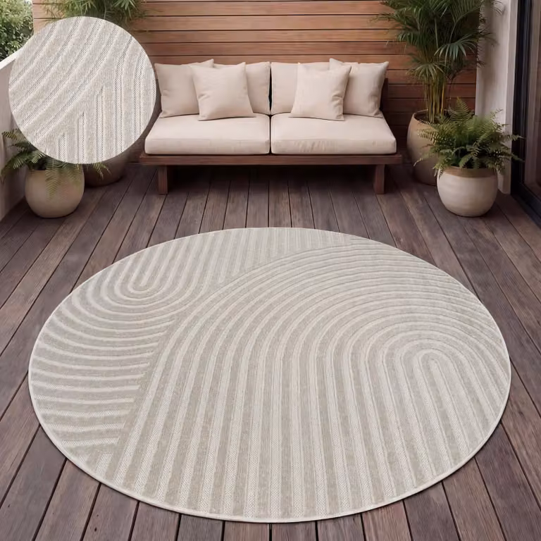Alfombra redonda Paco Home de estilo escandinavo bohemio en color beige y verde, ideal para exterior, terraza o salón, Diámetro: 160 cm