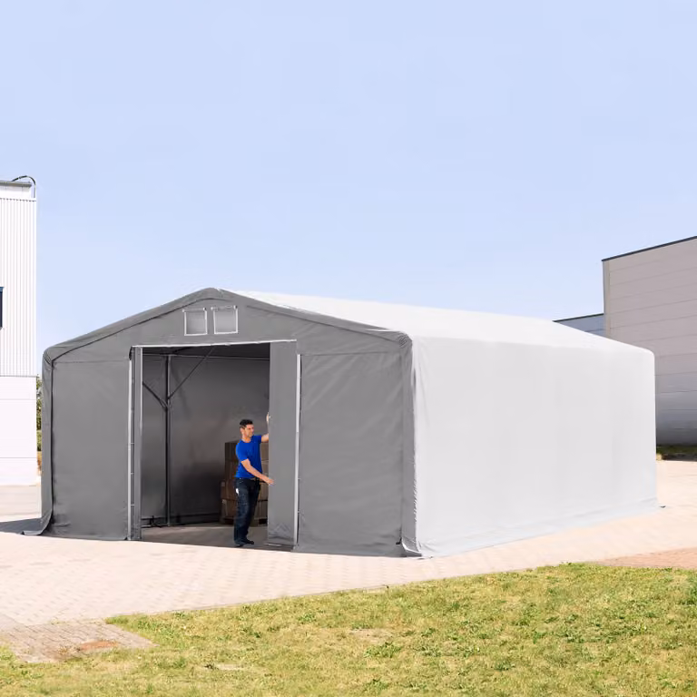Carpa industrial TOOLPORT de PVC gris con puerta corredera y estructura de acero galvanizado, An/P/Al: 8 x 8 x 3 m