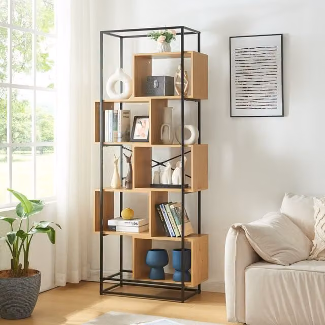 Librería Rennebu en.casa de 5 niveles con acabado efecto roble y negro, ideal para salón u oficina, An/P/Al: 80 x 33 x 194 cm