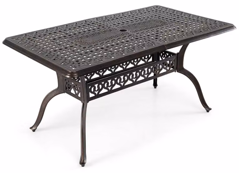 Mesa de comedor rectangular para jardín o terraza Northix de aluminio marrón con orificio para sombrilla, An/P/Al: 150 x 90 x 73 cm