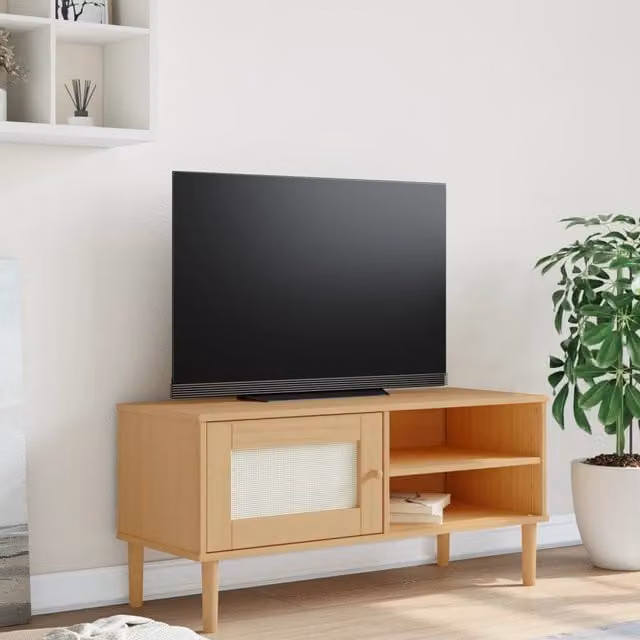 Mueble de TV Senja Maison Exclusive con aspecto de ratán y madera de pino en color marrón y beige, An/P/Al: 106 x 40 x 49 cm