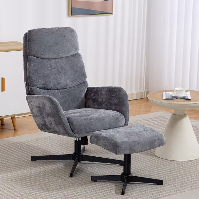 Sillón relax tapizado HOMCOM con reposapiés y respaldo alto, base metálica, color gris