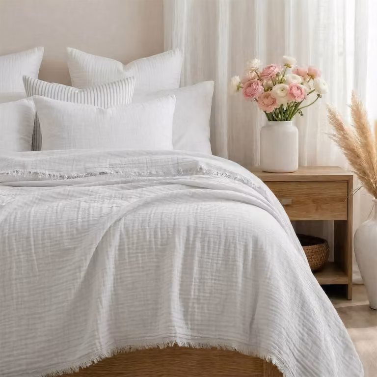 Colcha de algodón Febronie blanca con flecos para adultos An/P: 270 x 280 cm