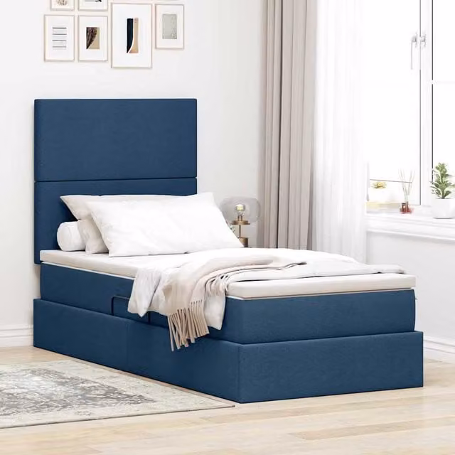 Cama con almacenamiento y colchón azul Maison Exclusive de tela con base abatible An/P/Al: 90 x 200 x 128 cm