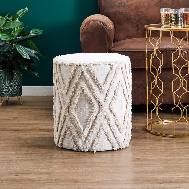 Puf decorativo Mirage de The Home Deco Factory en color beige y blanco, diseño geométrico cilíndrico, Diámetro: 37 cm