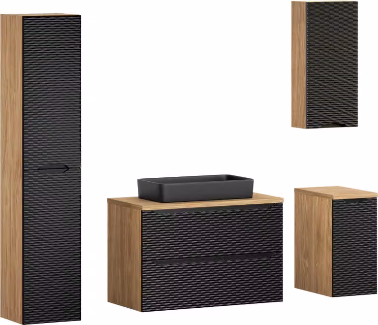 Conjunto de muebles de baño modernos DMK con acabado mate en marrón y negro y detalles en roble que incluye mueble de lavabo, armario lateral, armario de pared y columna alta