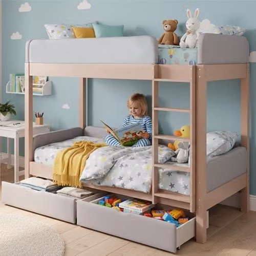 Litera infantil OKWISH de madera con 2 cajones y somieres de láminas, gris y beige, 90x200 cm