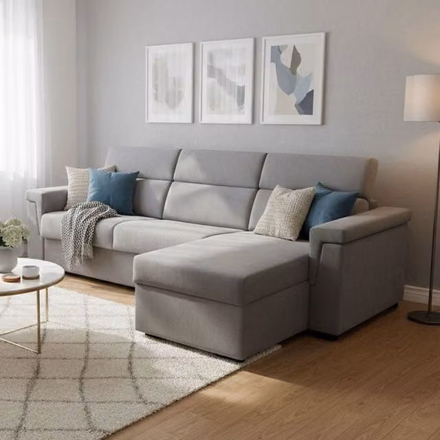 Sofá cama con chaise longue DMORA, diseño moderno en forma de L con orientación izquierda, tapizado en tejido gris, con fundas removibles y estructura de madera sólida, An/P/Al: 285 x 160 cm