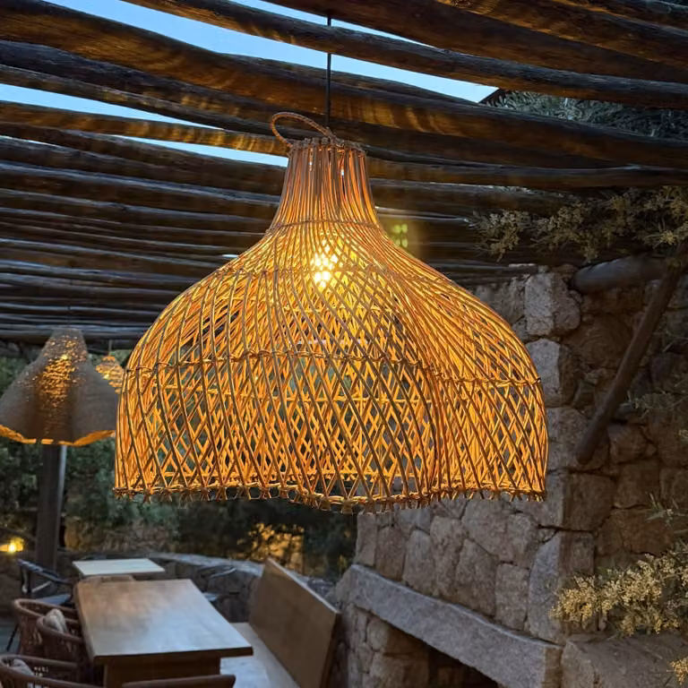 Pantalla de lámpara Lumisky Aria de ratán estilo bohemio en color beige y madera, forma redonda, compatible con montura E27, Diámetro: 60 cm, Altura: 50 cm
