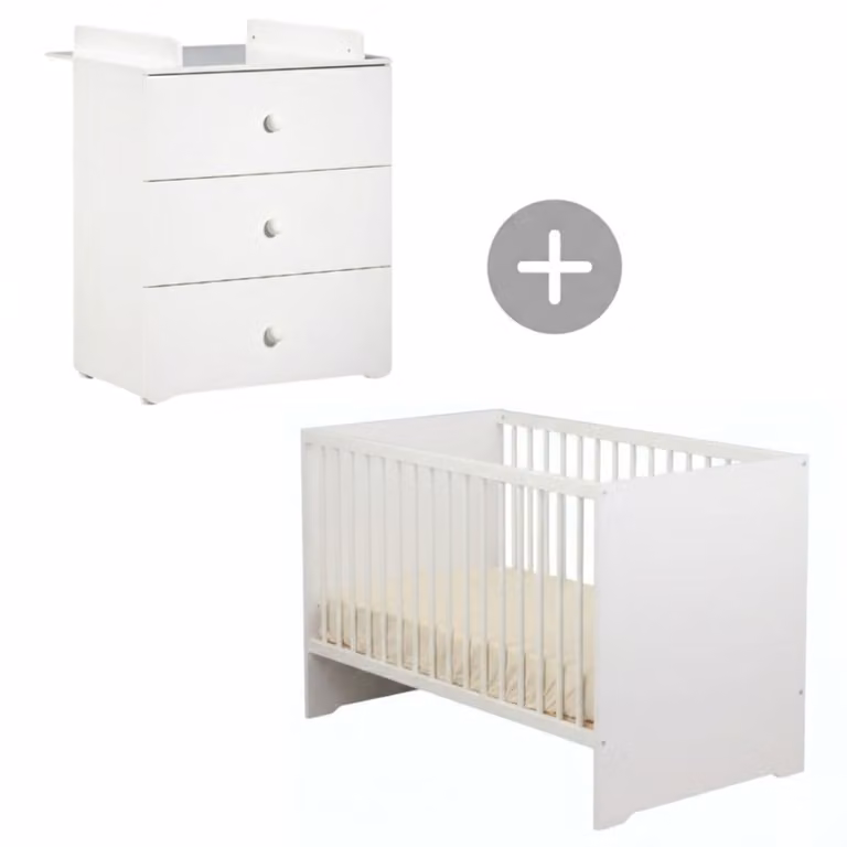 Conjunto de muebles para bebé Baby Price en color blanco con cuna y cómoda de madera lacada An/P/Al: 120 x 60 cm