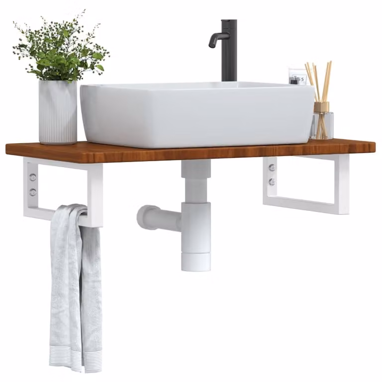 Estante de lavabo de pared Syfax de madera de roble y metal en color marrón para baño de estilo moderno