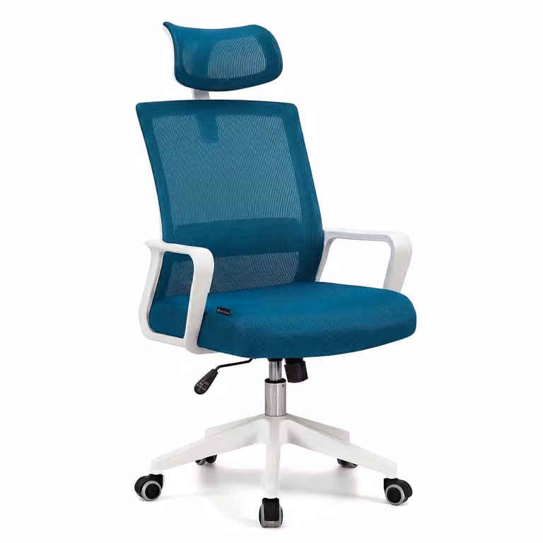 Silla de oficina ergonómica Dafne Tex de DUEHOME en blanco, turquesa, negro y gris con reposacabezas y reposabrazos